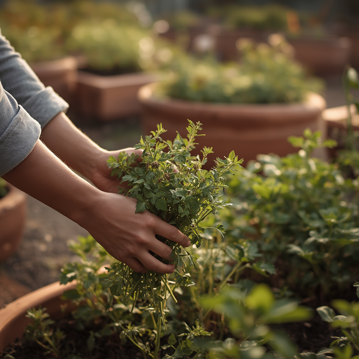 Hands harvesting fresh herbs in a backyard herb garden