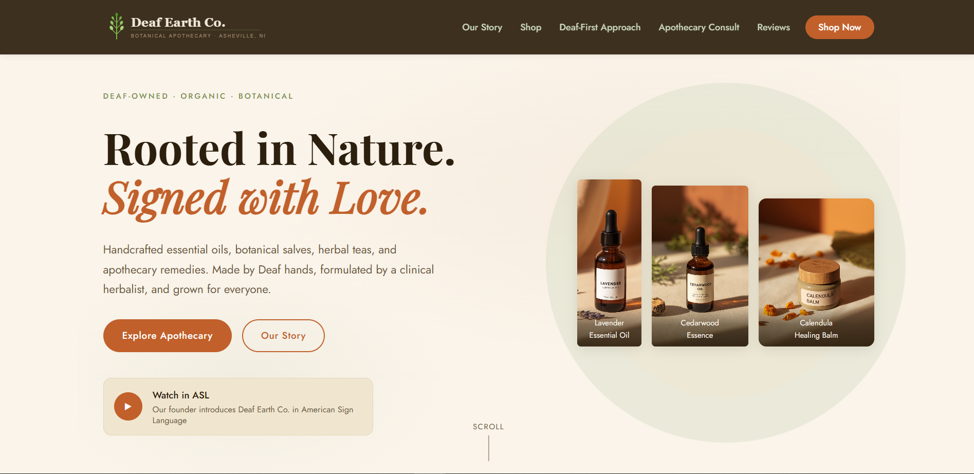 Final Deaf Earth Co. hero section with real styled product photography — lavender oil, cedarwood essence, and calendula balm — inside a circular frame