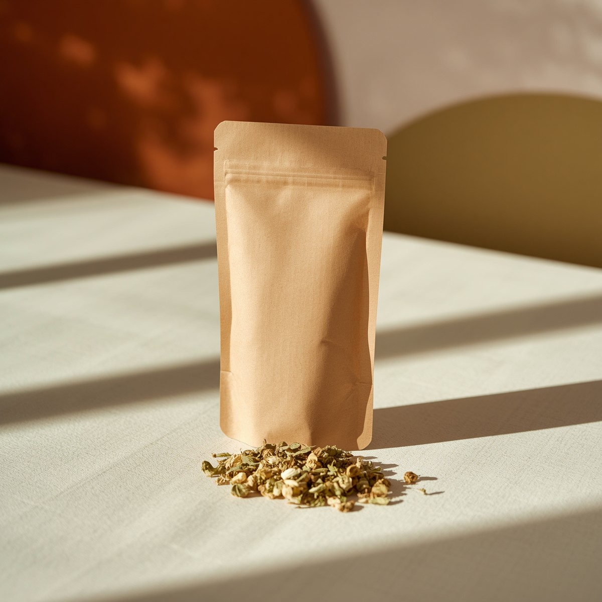 Kraft-paper pouch of Earthy Chamomile Blend with loose dried chamomile flowers