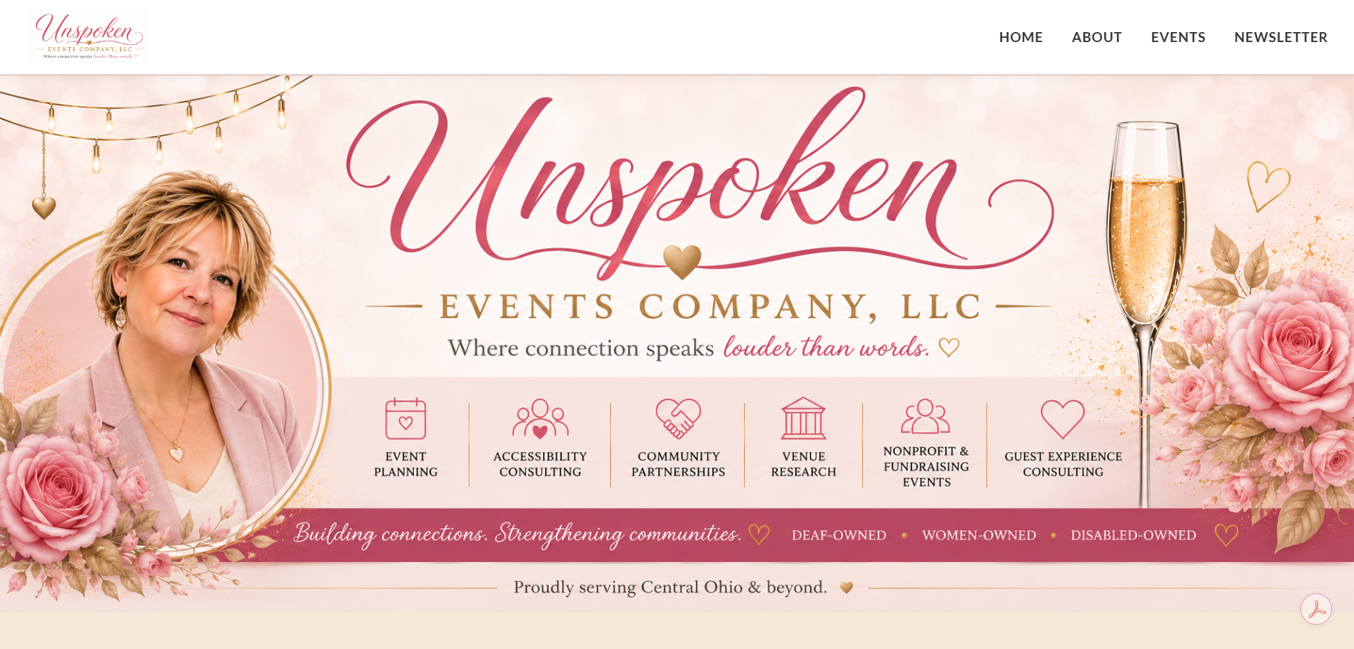 Unspoken Events Co. homepage featuring founder Heidi DeGrace, event planning services, and Deaf-owned, Women-owned, Disabled-owned identity badges